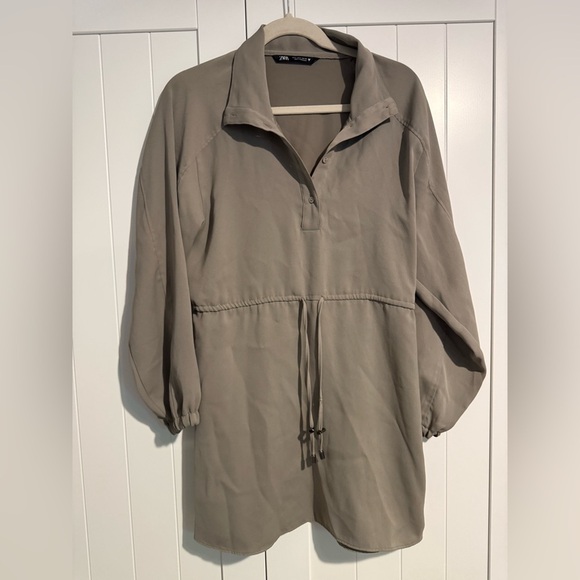 Zara Tan Flowy Mini Dress Button Front Drawstring Waist Tie Taupe Size Medium - Picture 2 of 6